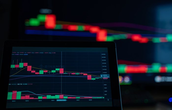 A close-up view of cryptocurrency trading charts showing a bearish trend in a digital market on a computer screen.