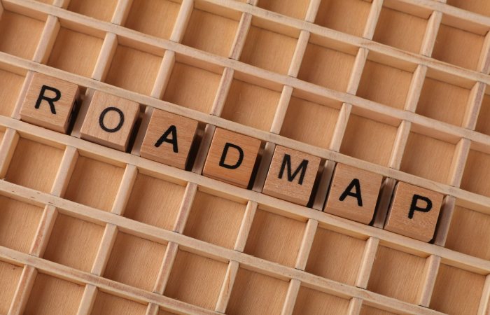 Wooden letter blocks forming the word 'ROADMAP' on a wooden grid background.