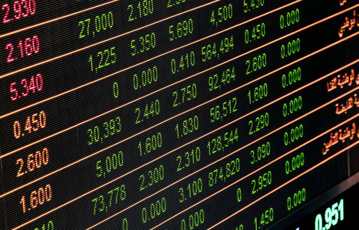 Detailed view of a stock market screen showing numbers and data, symbolizing financial trading.